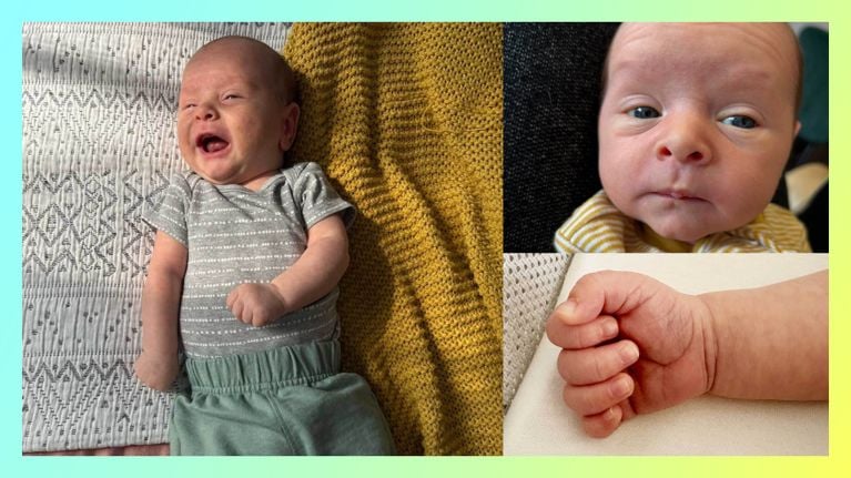 Photo of a baby on a bed with a yellow and white blanket, for a story about taking better photos with your iPhone.