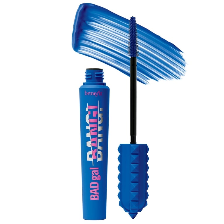 A tube of blue Benefit Cosmetics Bad Gal Bang! mascara for an article about how to wear colourful mascara.