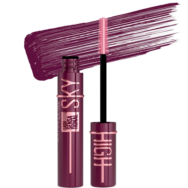 A tube of burgundy Maybelline Lash Sensational Sky High mascara for an article about how to wear colourful mascara.