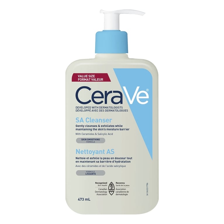 A bottle of CeraVe SA Cleanser for an article about how to treat keratosis pilaris.