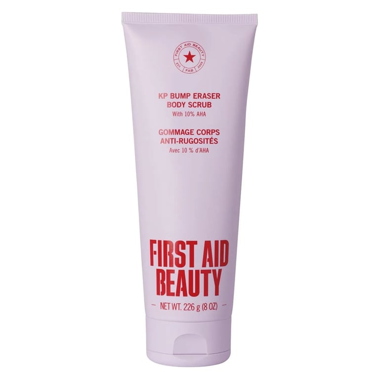 A tube of First Aid Beauty KP Bump Eraser Body Scrub with 10% AHA for an article about how to treat keratosis pilaris.