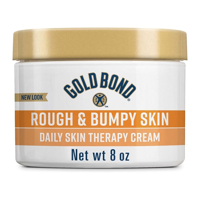 A jar of Gold Bond Rough & Bumpy Daily Skin Therapy for an article about how to treat keratosis pilaris.
