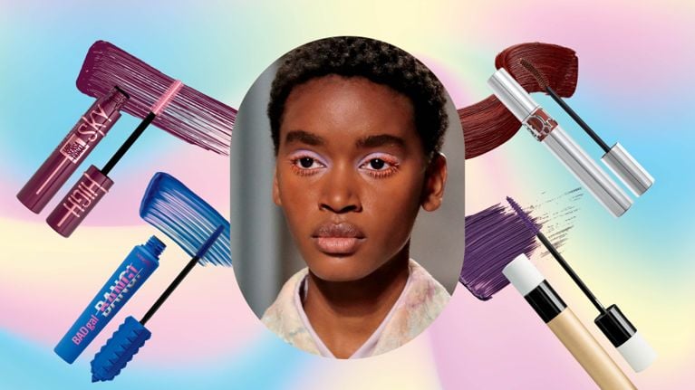 A tube of blue Benefit Cosmetics Bad Gal Bang! mascara for an article about how to wear colourful mascara.