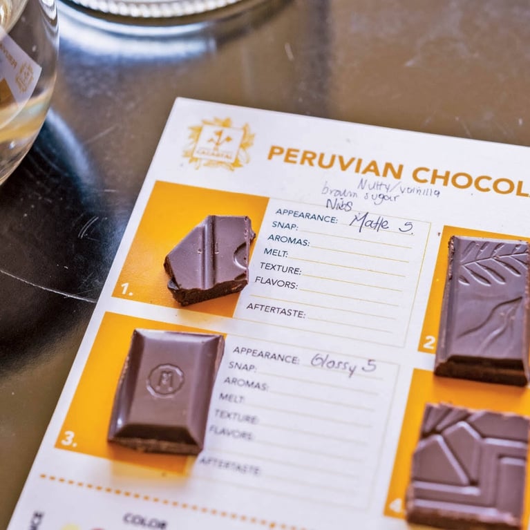 A chocolate tasting sheet, with notes, in a post about Lima Peru