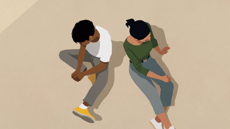 An illustration of a couple sitting next to each other, backs to one another, in a piece about living with your ex during a divorce.