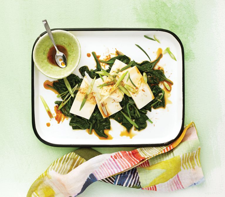 Chilled tofu with ginger-sesame spinach, made with chilled soft tofu in a delicious sauce for a post on an easy no cook tofu dinner for hot weather