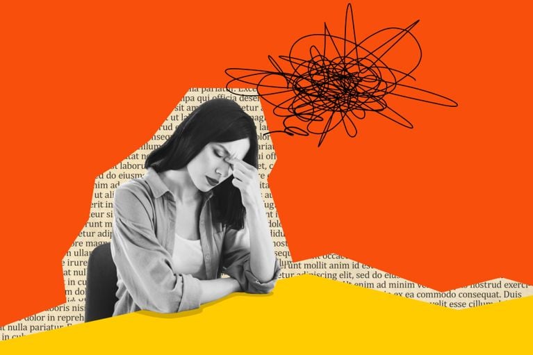 Photo collage of a woman sitting down with her fingers on her temples used in a post on peppermint oil for headaches.