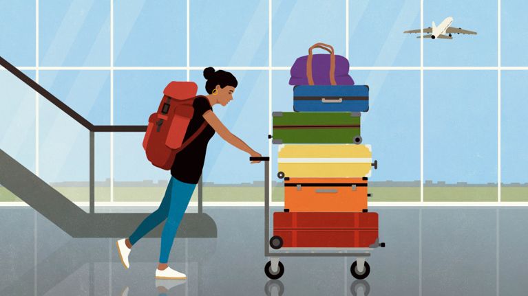 An illustration of a woman pushing rainbow-coloured luggages through an airport, for a story about queer and trans Americans seeking to relocate to Canada.