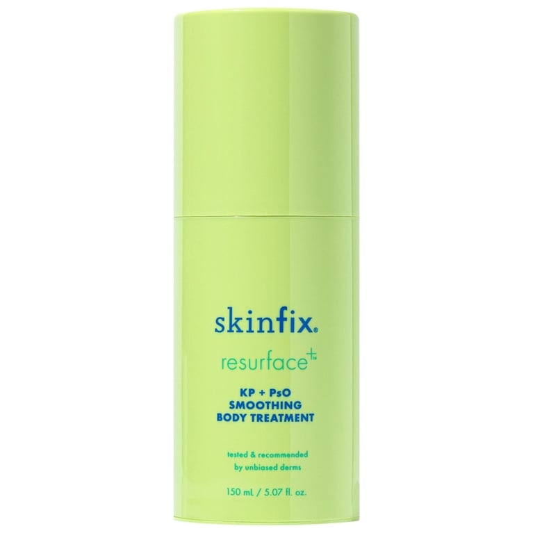 A bottle of Skinfix Resurface+ KP+ PsO Smoothing Body Treatment for an article about how to treat keratosis pilaris.