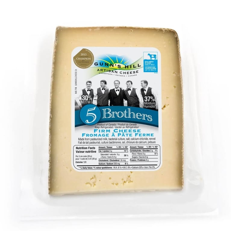 A packaged wedge slice of 5 Brothers semi-firm cheese.