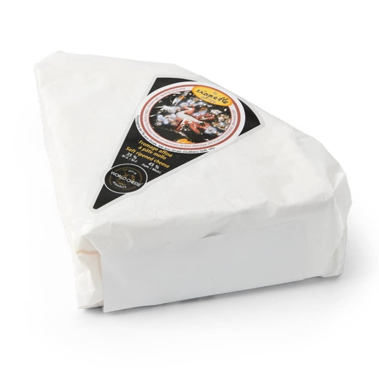 A packaged wedge of brie.