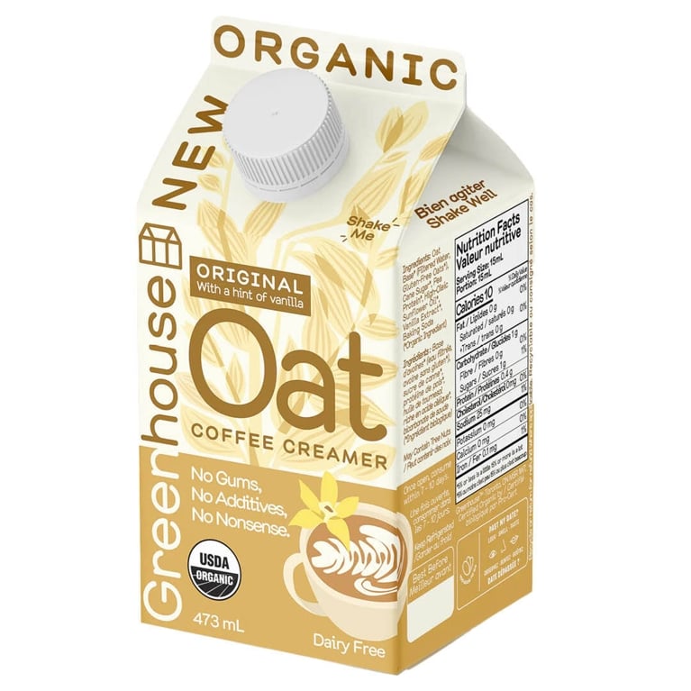 A box of Greenhouse brand oat milk creamer.