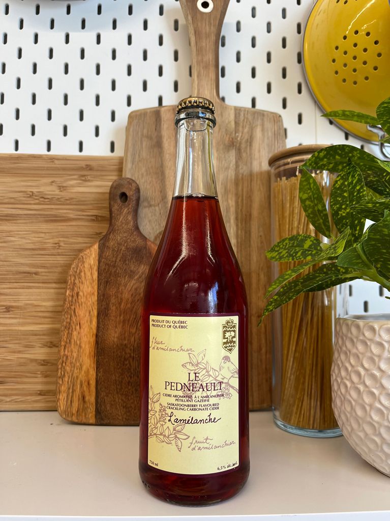 A bottle of Saskatoon berry cider from the Cidrerie et Vergers Pedneault