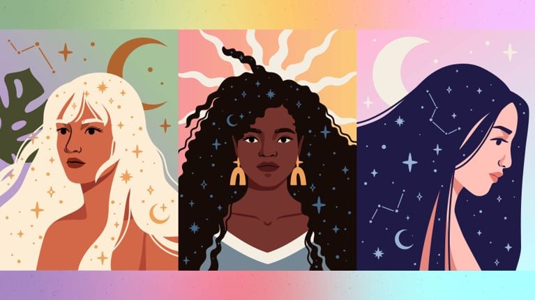 three separate illustrations of three women, one representing the sun, one the moon and one rising signs, for a piece explaining astrology's big three—that is sun, moon and rising signs—and what it means for your horoscope.