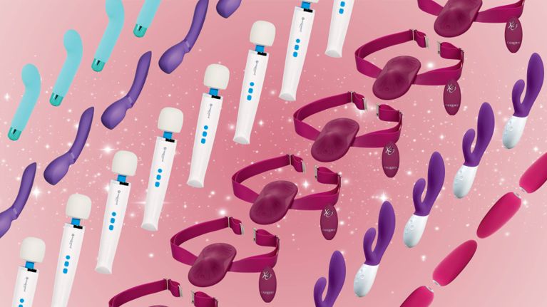 A collage of sex toys on a pink background