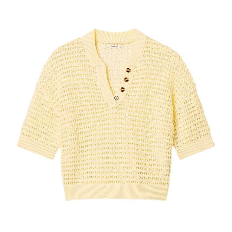 A crochet top from RW&Co. for an article about how to wear the butter yellow fashion trend.
