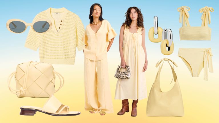 A collage of butter yellow accessories for an article about the butter yellow fashion trend.