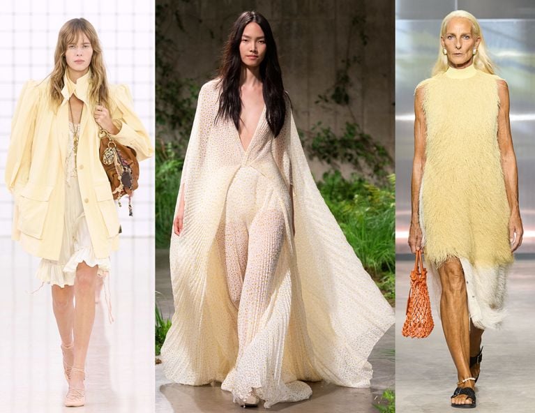 Three runway photos of models wearing butter yellow from Chloé, Gucci and Phillip Lim for an article about the butter yellow fashion trend.
