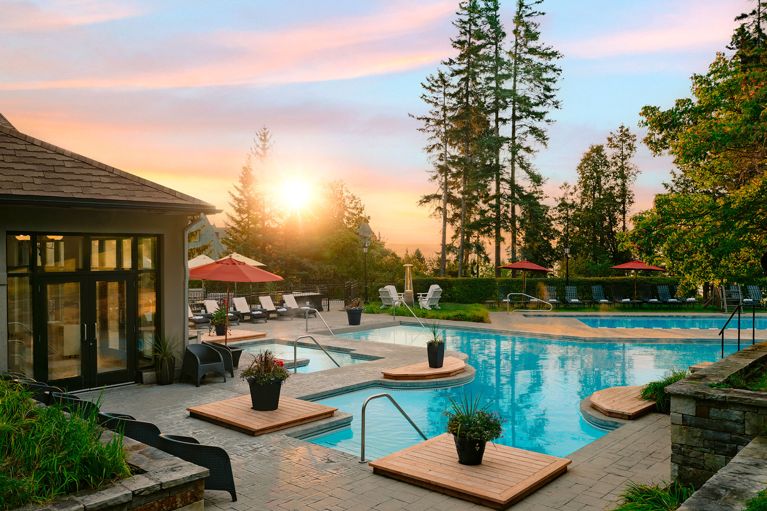 The outdoors pool at the Fairmont Le Manoir Richelieu in Charlevoix Quebec