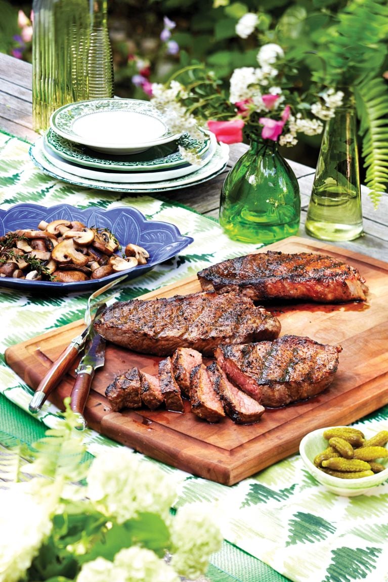 Sherried mushrooms and chili-espresso striploin steaks