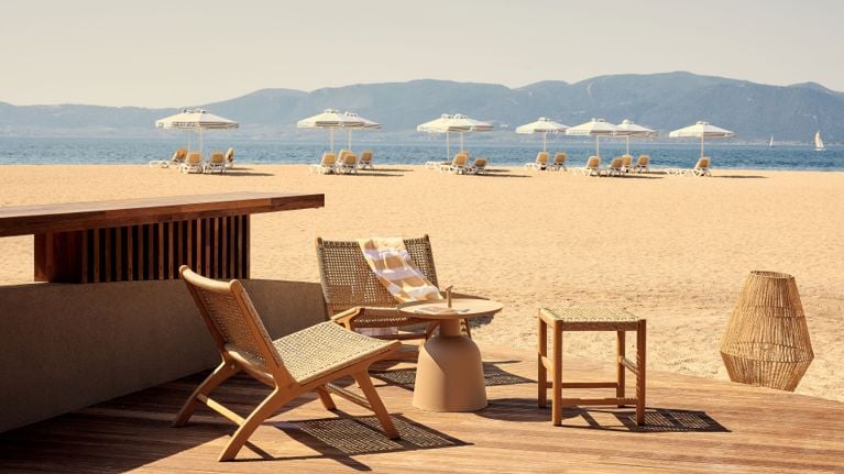 A view of the beach and mountains for a review of the Club Med Gregolimano resort in Greece.