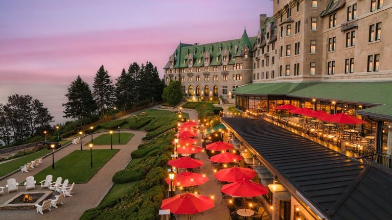 The exterior of the Fairmont le Manoir Richelieu in Charlevoix at twilight