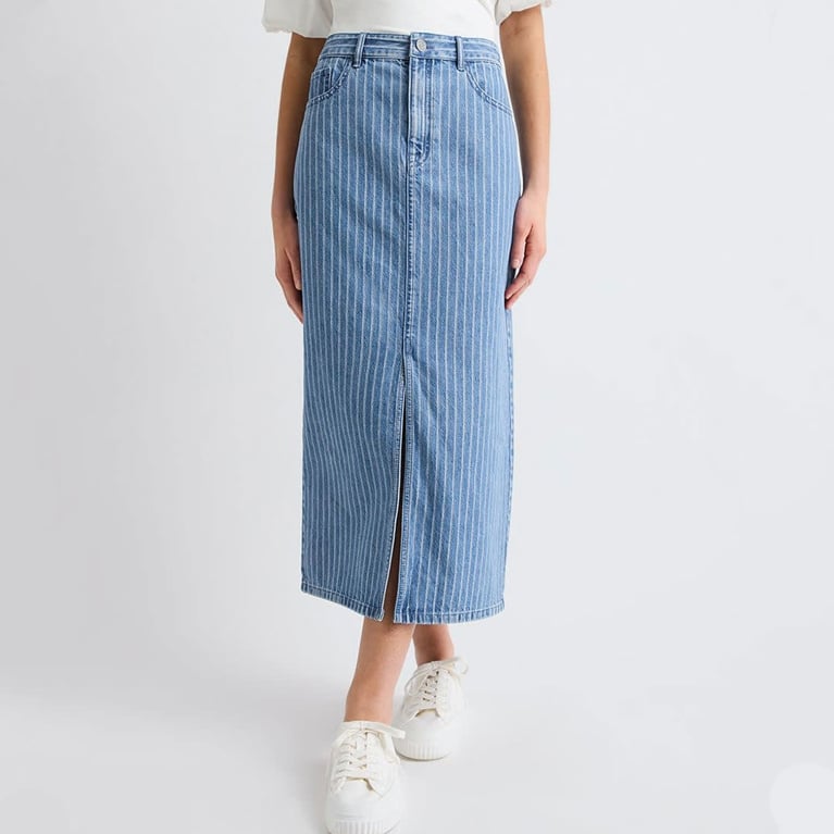 A striped denim maxi skirt from the RW&CO summer sale.