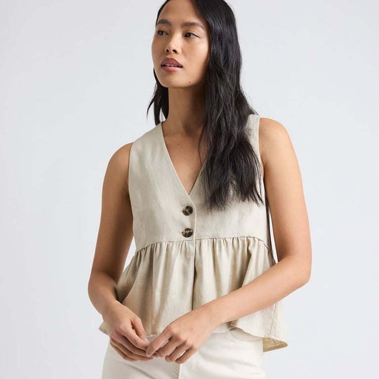 A beige peplum linen top from the RW&CO summer sale.