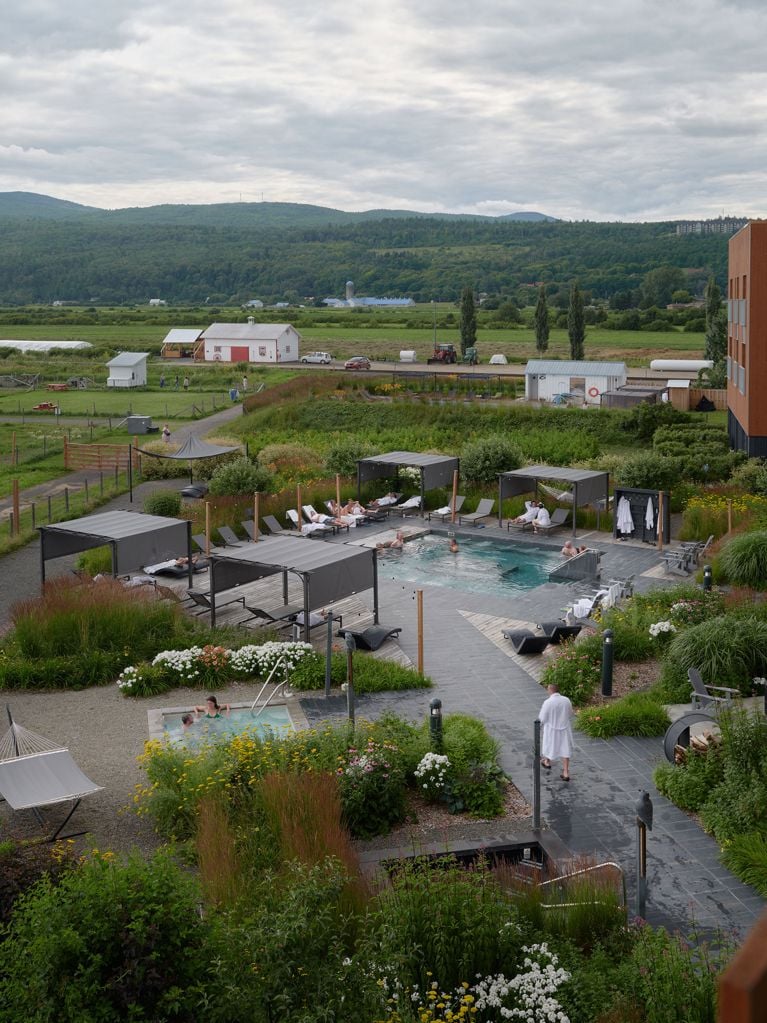 A view of the Nordic Spa at the Germain in Charlevoix, including a cold plunge pool, a hot tub and more