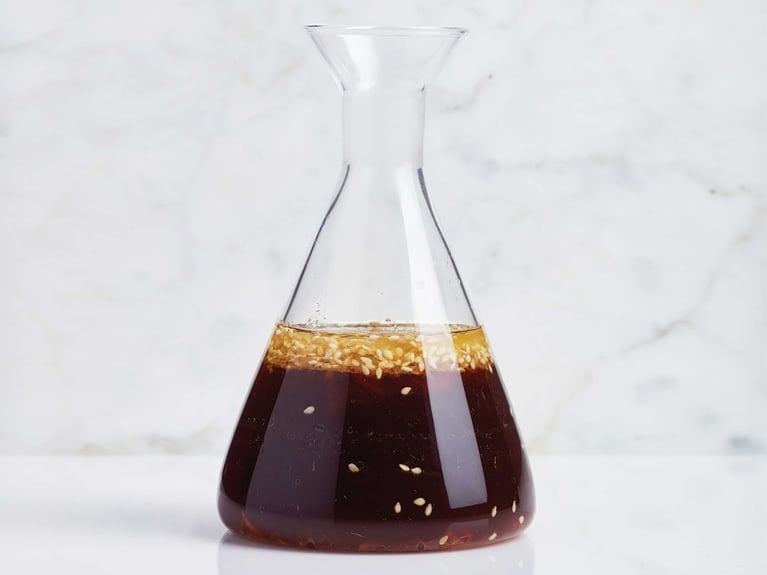 a bottle of wafu Japanese-style dressing with sesame seeds floating to the top of the beaker; the dressing is made with rice vinegar; soy sauce; canola oil; water; ginger; sugar; white onion and roasted sesame seeds for a post on an easy wafu Japanese-style dressing recipe
