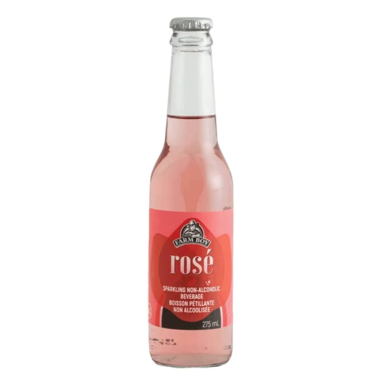 A bottle of non-alcoholic bubbly rosé for a story on Farm Boy Snacks.