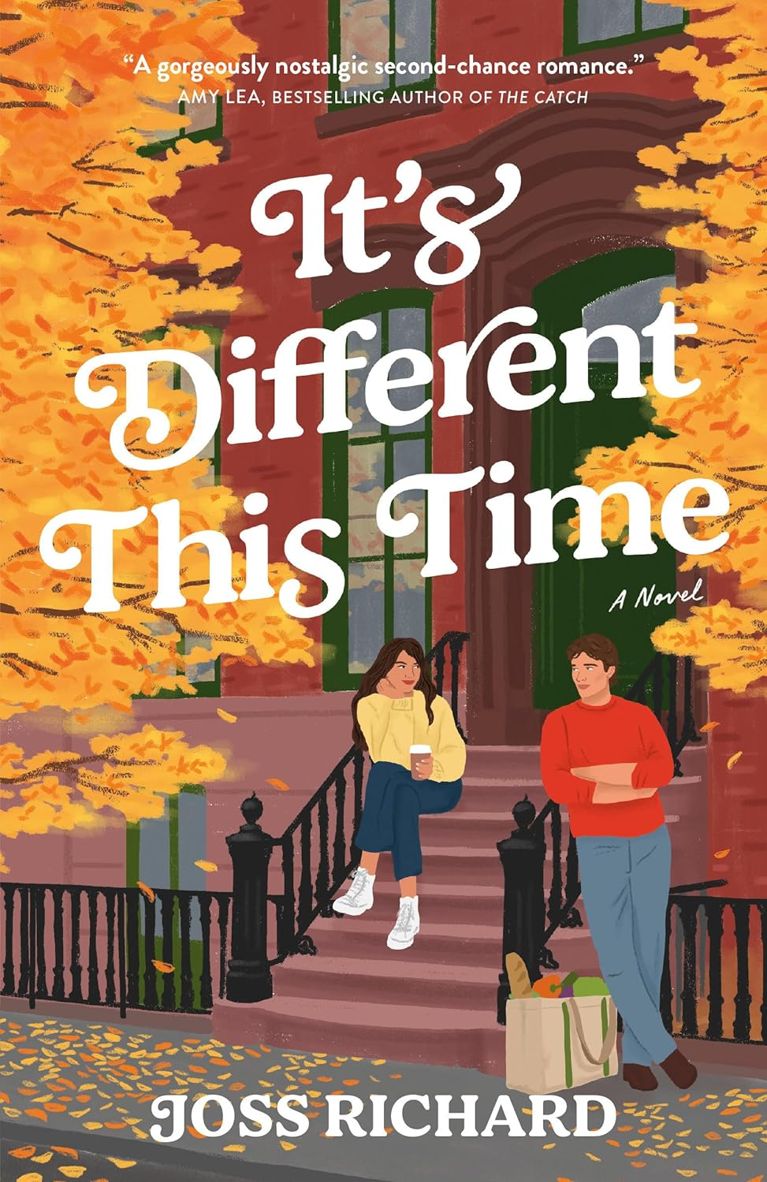 An illustration of a couple on the stairs of a New York City brownstone on the cover of It's Different This Time by Joss Richard for fall 2025 books