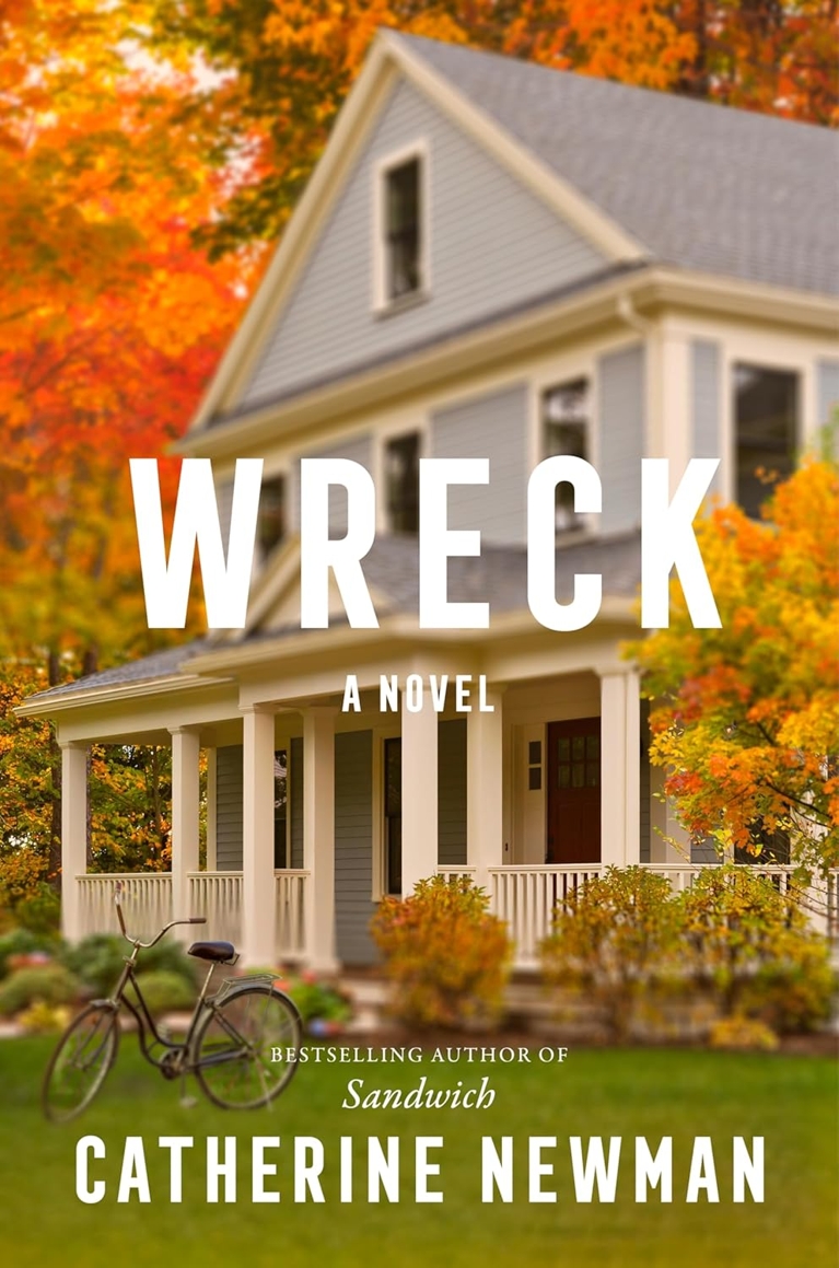 An illustration of a grey house surrounded by trees on the cover of Wreck by Catherine Newman for fall 2025 books