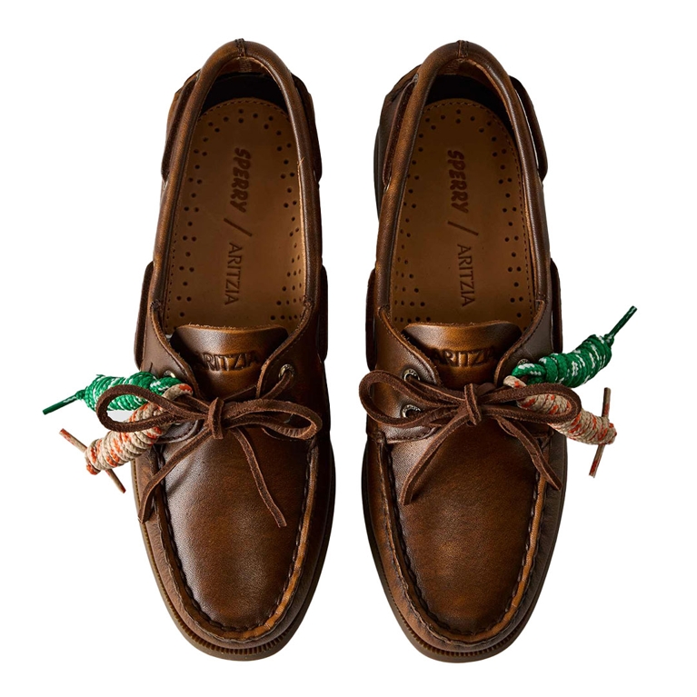A pair of Sperry x Aritzia boat shoes for an article about the fisherman fashion trend.