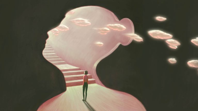 An illustration of a person walking up stairs inside the silhouette of a woman, representing the loss of friendship during moments of grief.