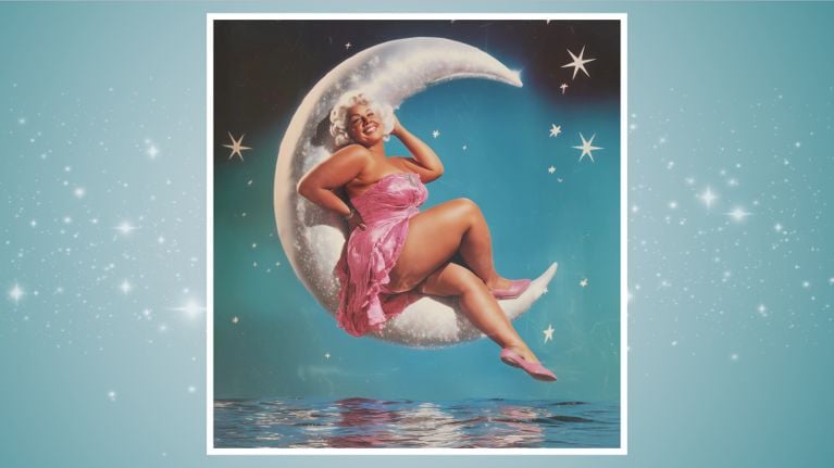 An illustration of a woman in a pink lame dress sitting on a crescent moon for a piece on how to feel sexy in a perimenopausal body