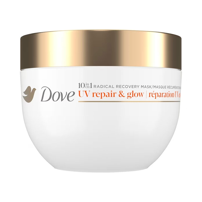 A Dove UV Repair and Glow hair mask for an article about how to protect your hair from sun damage in the summer.
