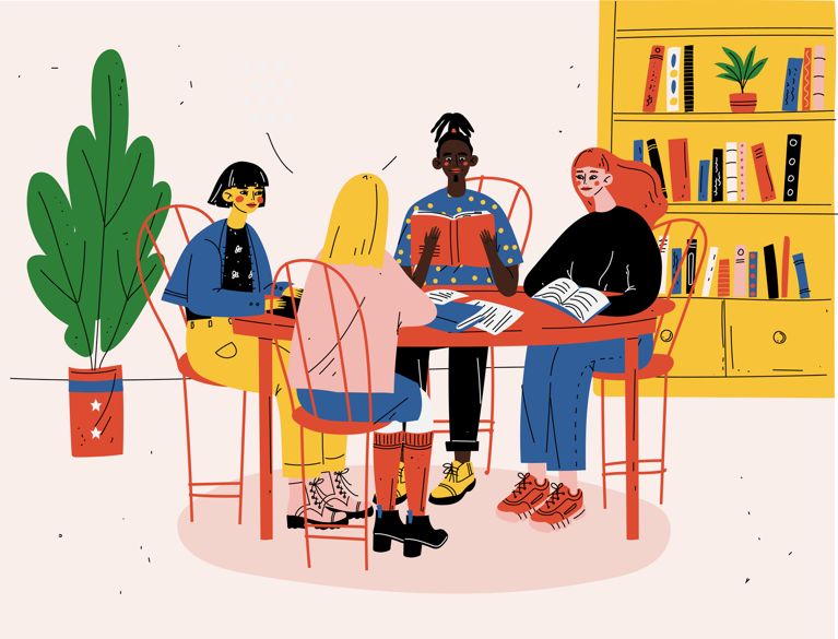 An illustration of women sitting around a table reading books.