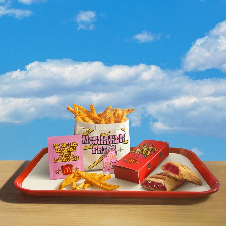 A tray of McDonald’s fries and strawberry pies, part of a Shania Twain-McDonald’s collaboration.