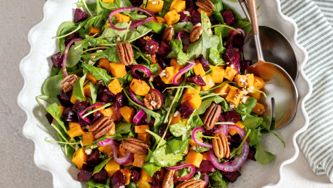 Lemon-Roasted Sweet Potato & Beet Salad with Pickled Red Onions & Pecans
