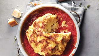 Whole-Roasted Cauliflower With Tomato-Pepper Sauce