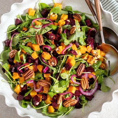 Lemon-Roasted Sweet Potato & Beet Salad with Pickled Red Onions & Pecans
