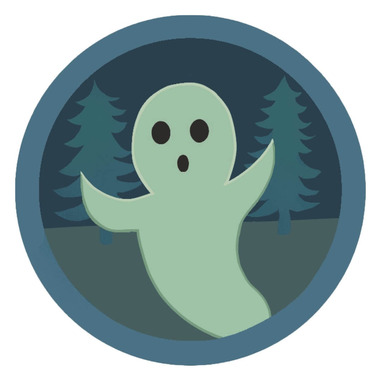 An illustration of a ghost in a forest in a badge, for a story about Camp Widow