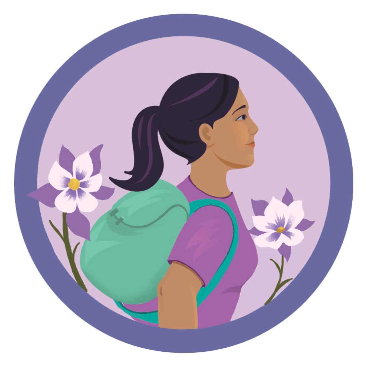 An illustration of a woman wearing a green backpack walks among flowers, for a story about Camp Widow