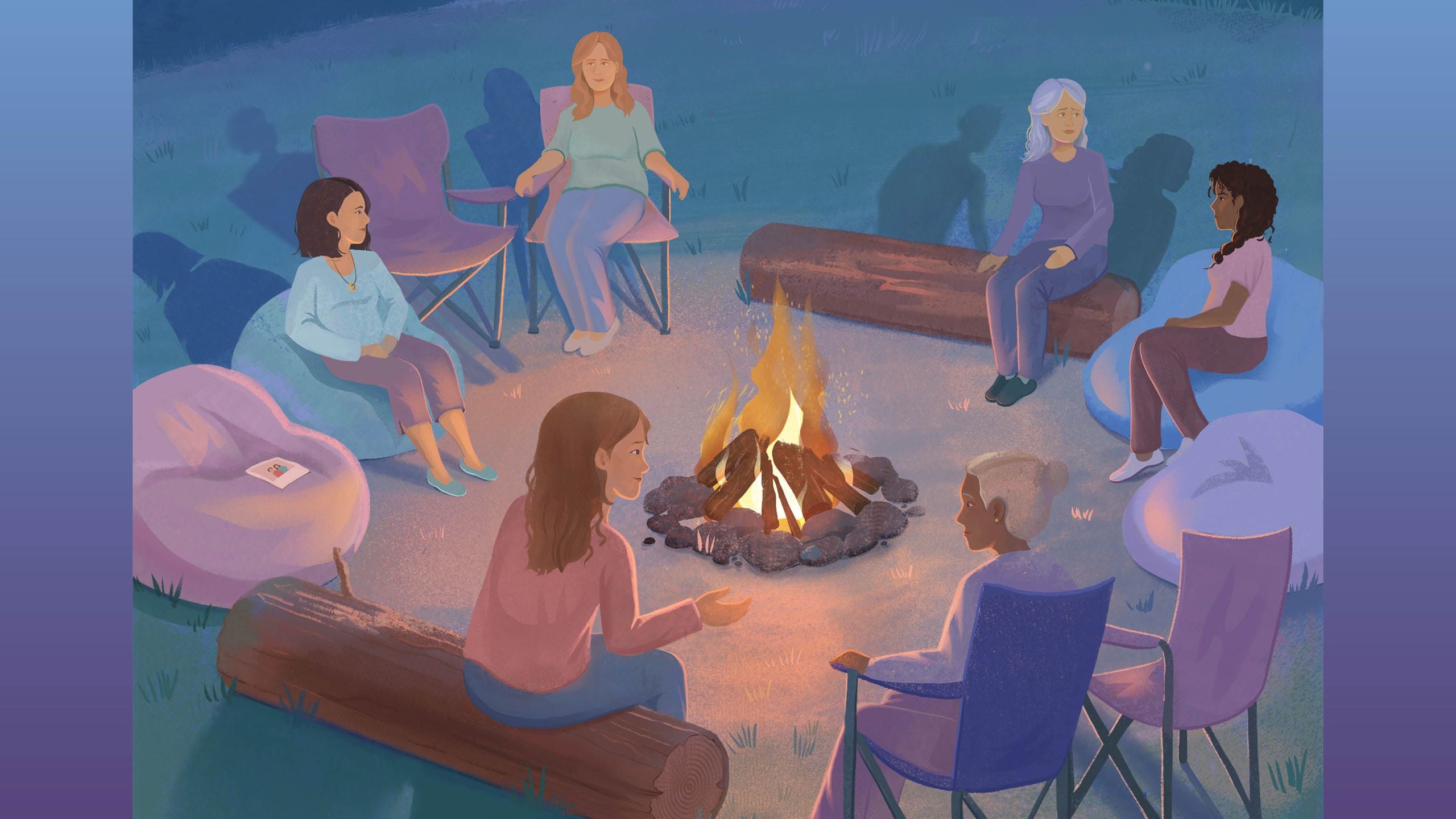 An illustration of women sitting around a campfire, with empty seats next to them, representing women grieving the loss of their partners in a story about Camp Widow.