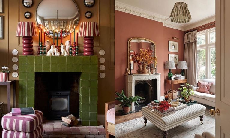 Two maximalist living room side-by-side with tiled green fireplace.