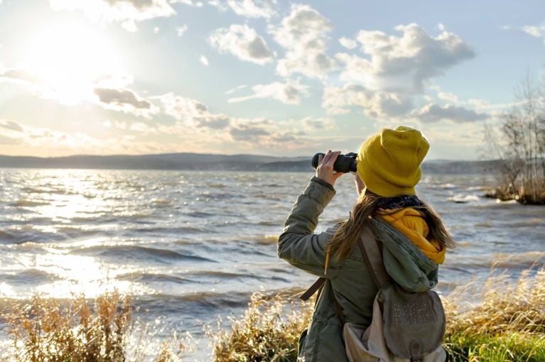 A woman standing by a lake looking through a pair of binoculars for a post on my favourite nature apps for identifying birds, plants, trees stars and more