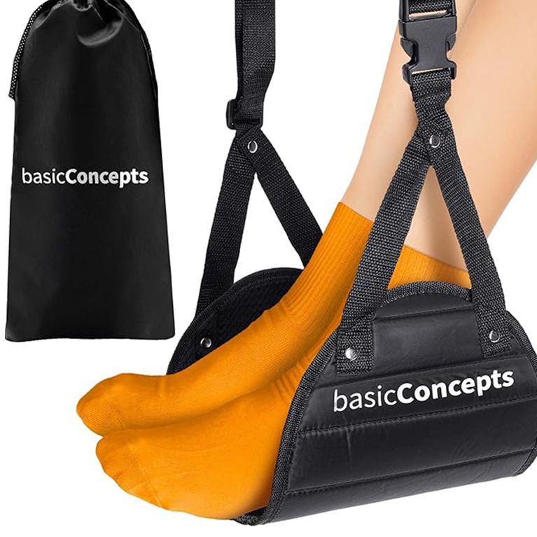 A BasicConcepts foot hammock to be used on an airplane