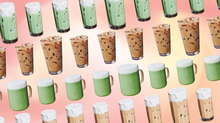 A motive of cold and hot Starbucks protein lattes on a pink radient background.