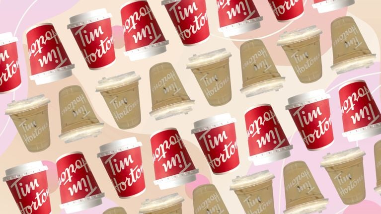 A repeating motif of a Tim Hortons red cup and Tim Hortons iced protein latte on a pastel background.
